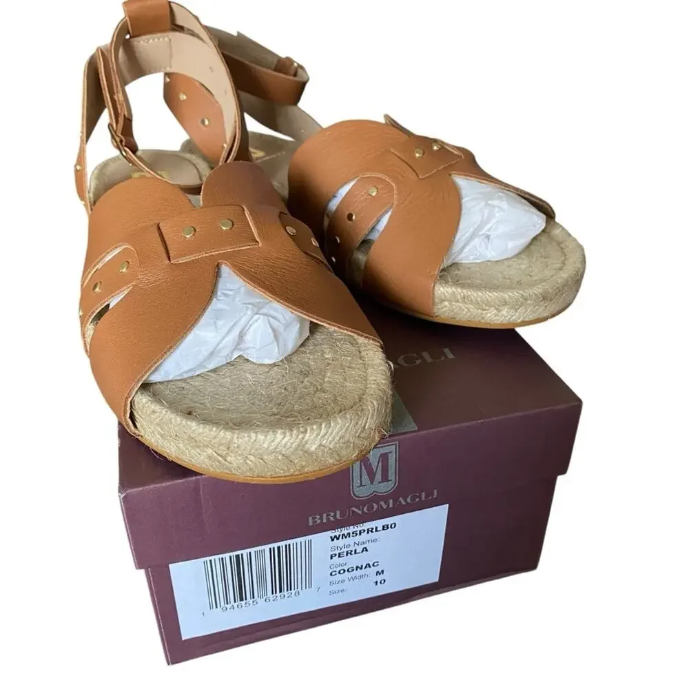 Bruno Magli Perla Cognac Brown Leather Sandals Gold Studded NWTS NIB size 10